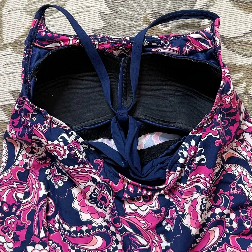 Lands End Tankini Top Swimsuit Swim Tank Paisley Floral Racerback Blouson 10